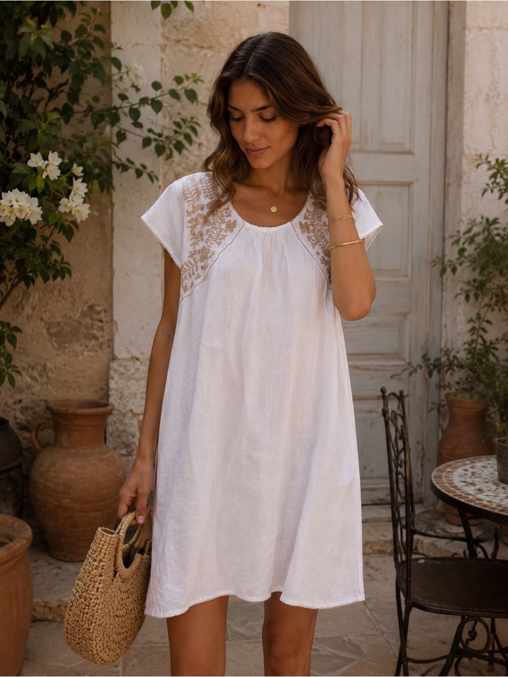 Zara White Linen Embroidered Shift Dress | Boho Cottagecore Summer Dress |Size M